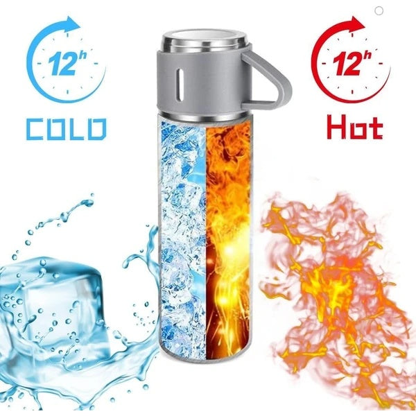 Insulated Vacuum Flask Set -Water Bottle With 3 Cups Gift Set, Thermos Water Bottle For Hot And Cold Drinks